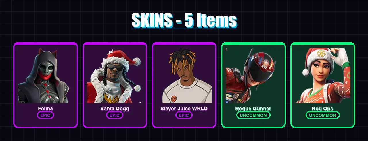 [PC/PSN] | Felina | Santa Dogg | Slayer Juice WRLD | Rogue Gunner | Nog Ops | 5 skin | 17 pickaxe | 8 emote | 15 glider | Lv193