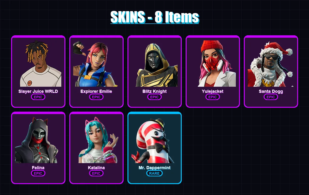 [PC/XBOX/PSN] | Slayer Juice WRLD | Explorer Emilie | Blitz Knight | Yulejacket | Santa Dogg | 8 skin | 38 pickaxe | 18 emote | 21 glider | Lv262