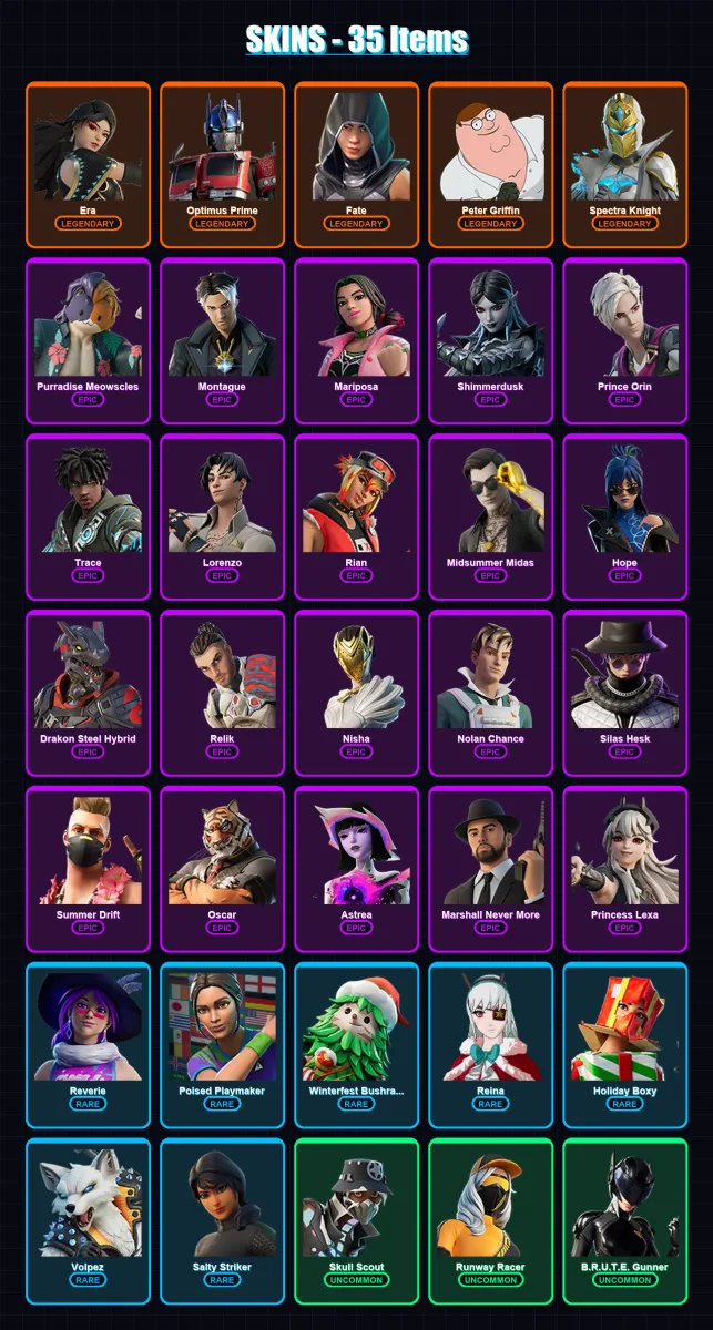 [PC/XBOX/PSN] | Era | Optimus Prime | Fate | Peter Griffin | Spectra Knight | 35 skin | 33 pickaxe | 19 emote | 18 glider | Lv252