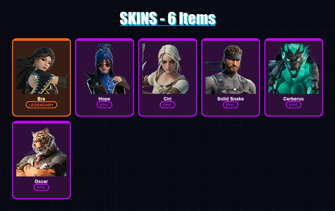 [PC/XBOX/PSN] | Era | Hope | Ciri | Solid Snake | Cerberus | 6 skin | 10 pickaxe | 5 emote | 13 glider | Lv67