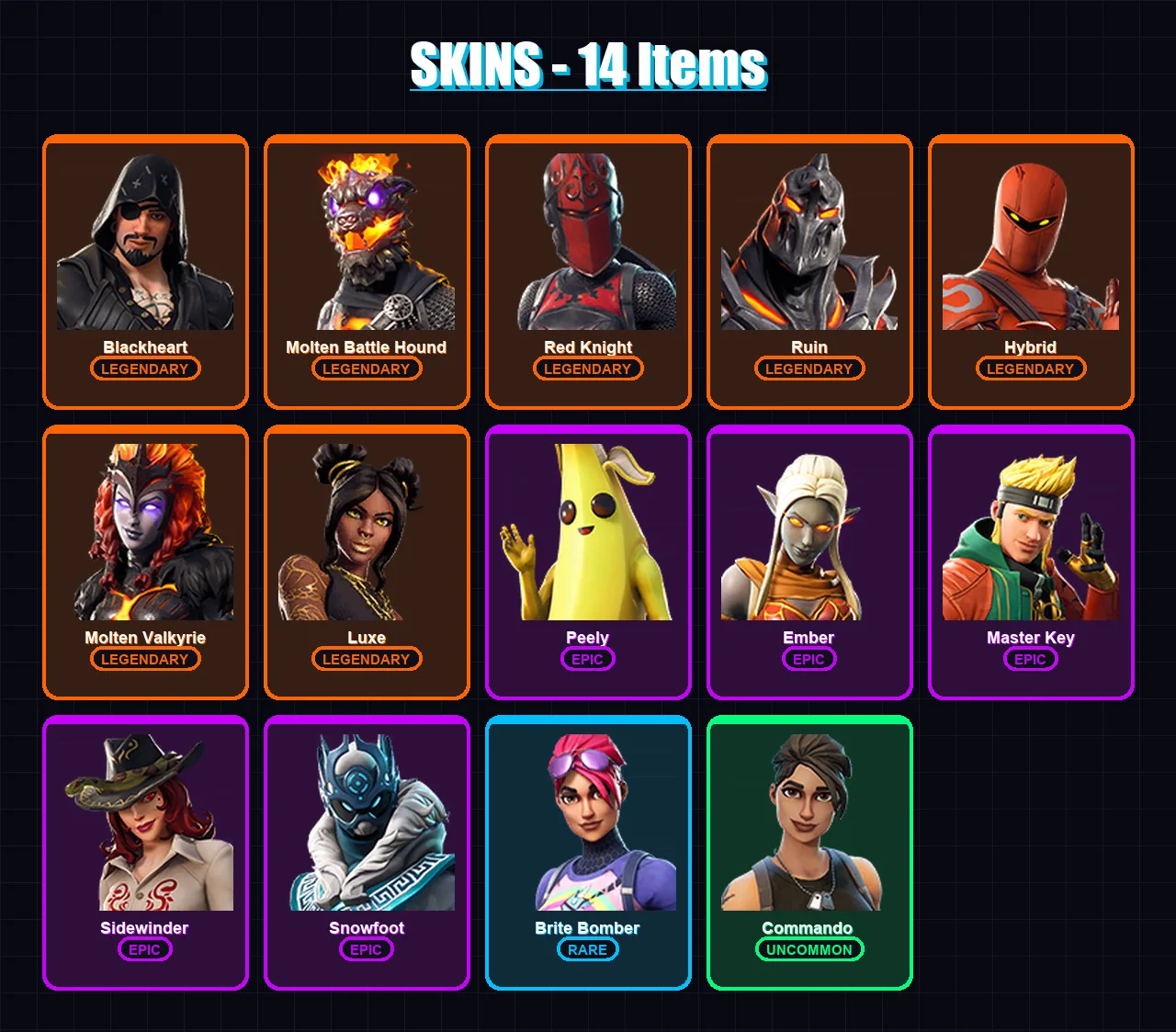 [PC/XBOX/PSN] | Blackheart | Molten Battle Hound | Red Knight | Ruin | Hybrid | 14 skin | 11 pickaxe | 19 emote | 13 glider | Lv143