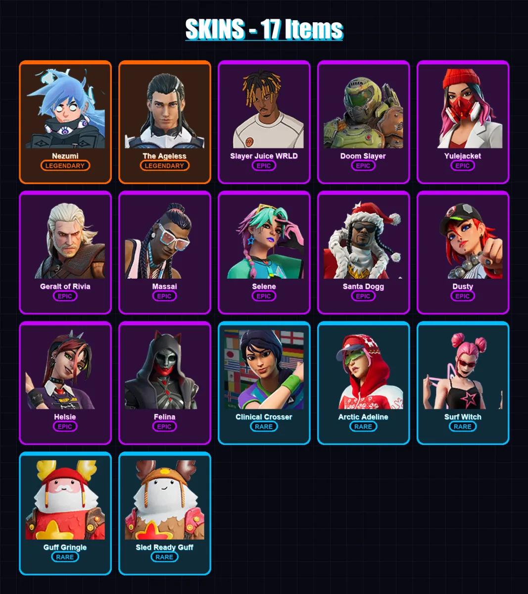 [PC/XBOX/PSN] | Nezumi | The Ageless | Slayer Juice WRLD | Doom Slayer | Yulejacket | 17 skin | 34 pickaxe | 20 emote | 24 glider | Lv471