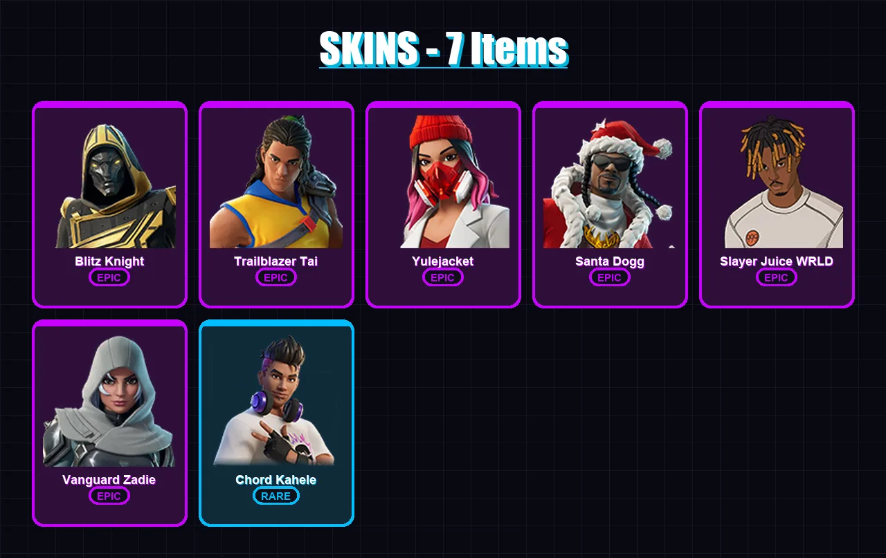 [PC/PSN] | Blitz Knight | Trailblazer Tai | Yulejacket | Santa Dogg | Slayer Juice WRLD | 7 skin | 39 pickaxe | 13 emote | 18 glider | Lv319