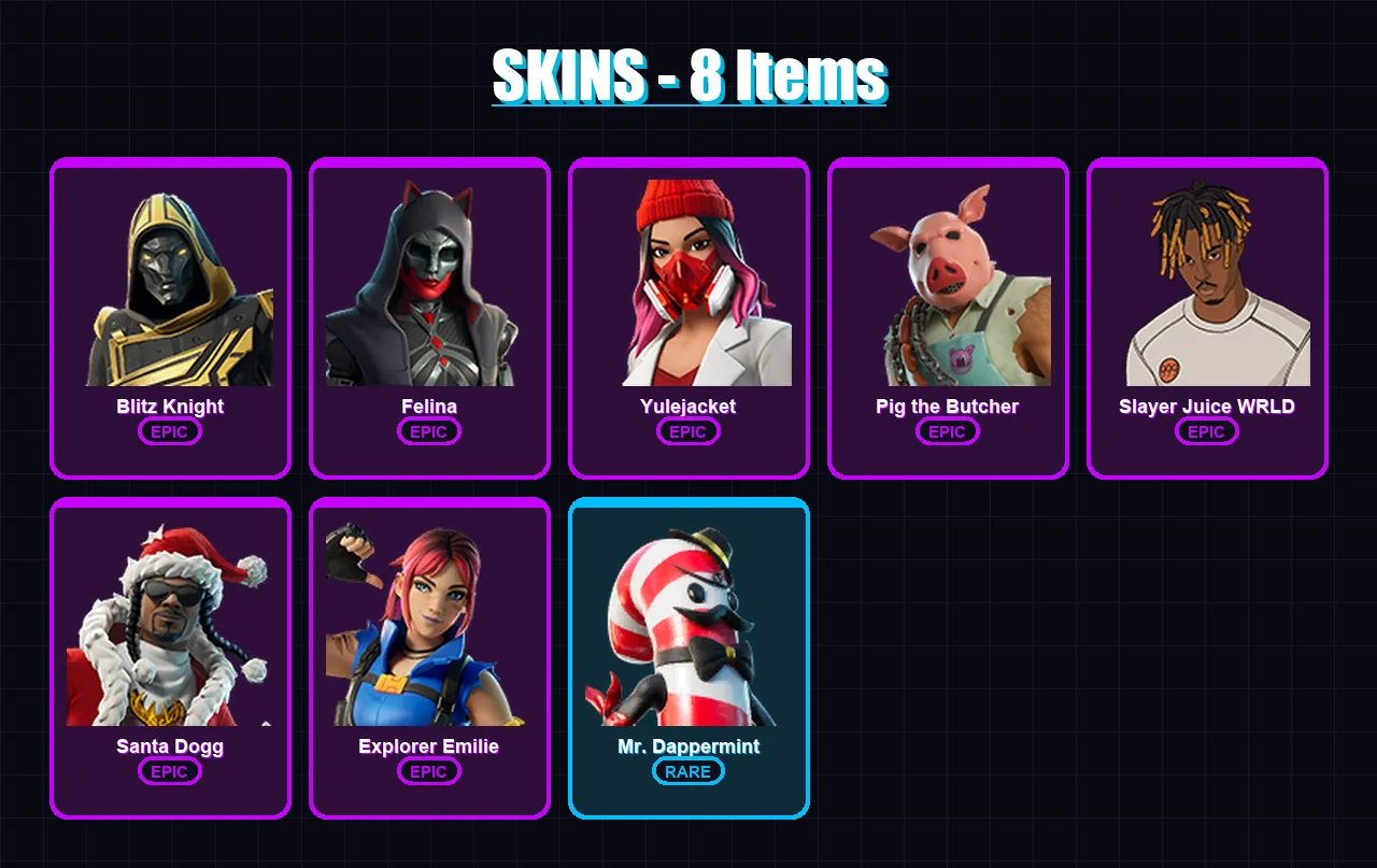[PC/XBOX/PSN] | Blitz Knight | Felina | Yulejacket | Pig the Butcher | Slayer Juice WRLD | 8 skin | 51 pickaxe | 21 emote | 31 glider | Lv550
