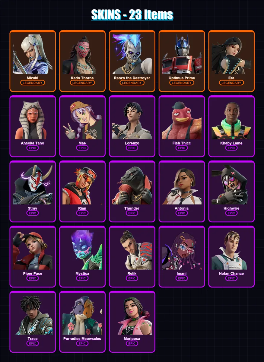 [SWITCH/XBOX/PSN/PC] | Mizuki | Kado Thorne | Renzo the Destroyer | Optimus Prime | Era | 23 skin | 28 pickaxe | 32 emote | 31 glider | Lv545 — Fortnite account