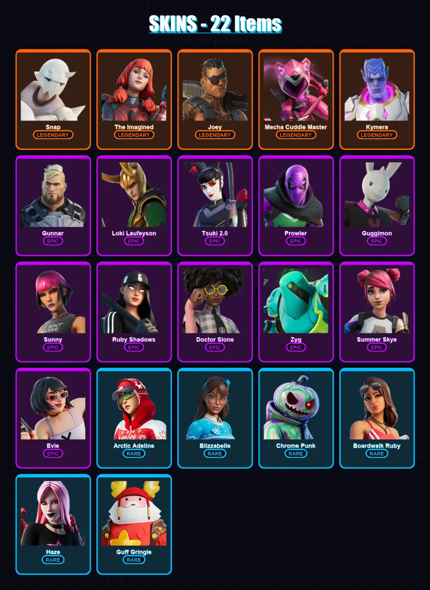 [PC/XBOX/PSN] | Snap | The Imagined | Joey | Mecha Cuddle Master | Kymera | 22 skin | 36 pickaxe | 30 emote | 39 glider | Lv563 — Fortnite account