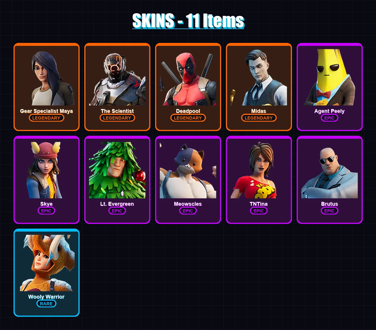 [PC/XBOX/PSN] | Gear Specialist Maya | The Scientist | Deadpool | Midas | Agent Peely | 11 skin | 18 pickaxe | 22 emote | 27 glider | Lv418