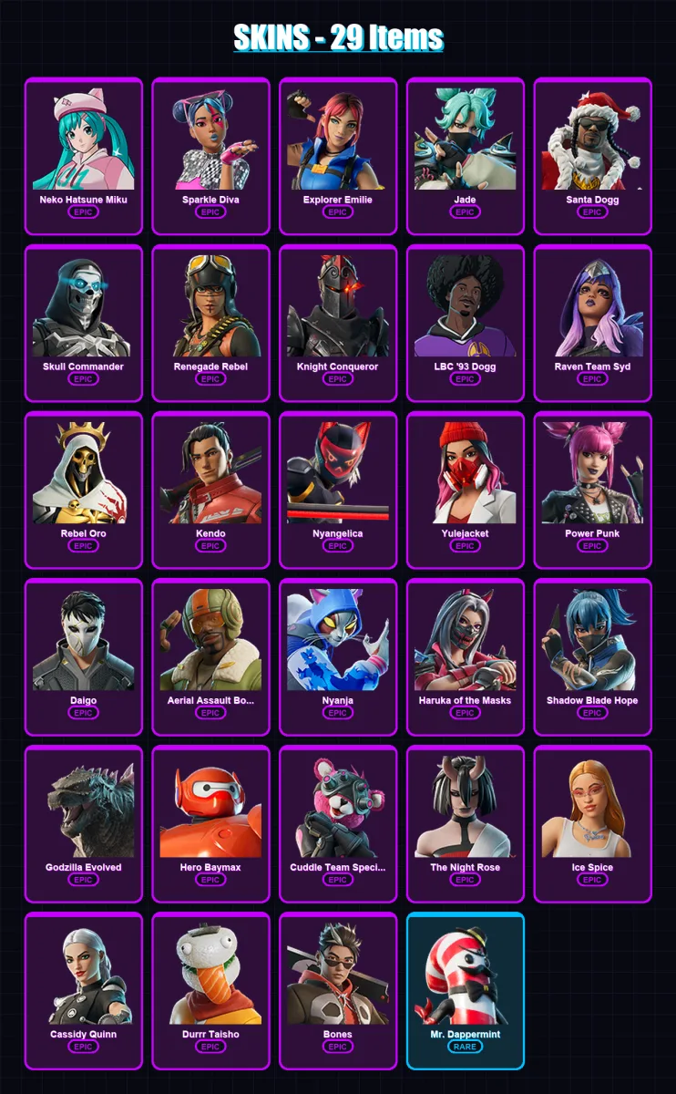 [PC/PSN] | Neko Hatsune Miku | Sparkle Diva | Explorer Emilie | Jade | Santa Dogg | 29 skin | 39 pickaxe | 26 emote | 22 glider | Lv383 — Fortnite account