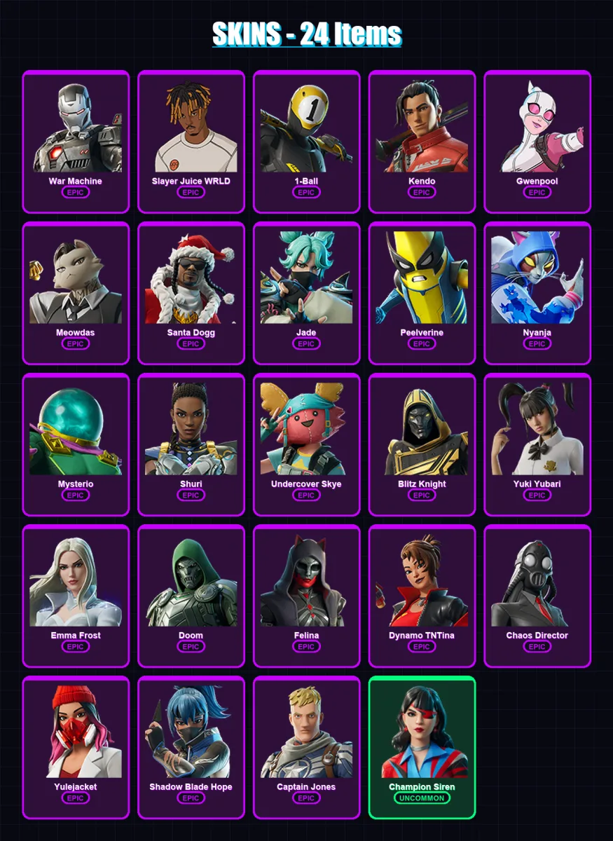 [PC/PSN] | War Machine | Slayer Juice WRLD | 1-Ball | Kendo | Gwenpool | 24 skin | 62 pickaxe | 30 emote | 36 glider | Lv537