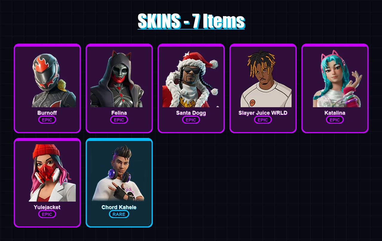 [PC/XBOX/PSN] | Burnoff | Felina | Santa Dogg | Slayer Juice WRLD | Katalina | 7 skin | 24 pickaxe | 6 emote | 15 glider | Lv130