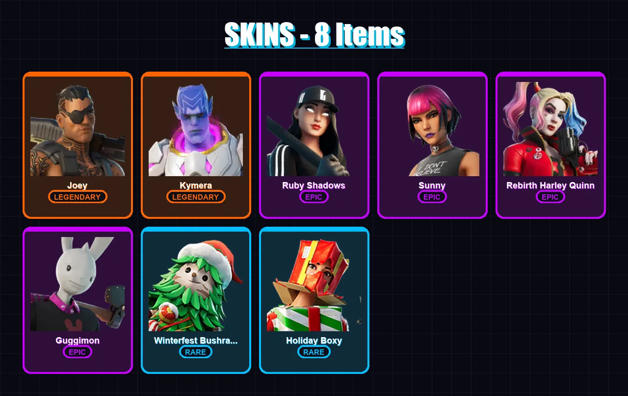 [PC/PSN] | Joey | Kymera | Ruby Shadows | Sunny | Rebirth Harley Quinn | 8 skin | 12 pickaxe | 10 emote | 18 glider | Lv182