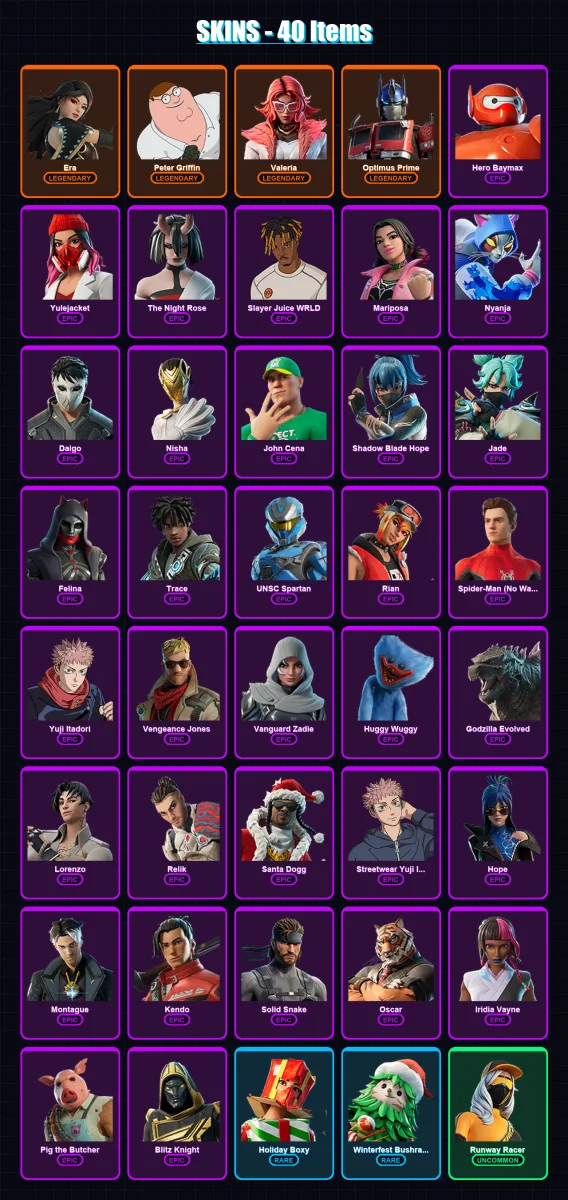 [PC/XBOX/PSN] | Era | Peter Griffin | Valeria | Optimus Prime | Hero Baymax | 40 skin | 103 pickaxe | 63 emote | 77 glider | Lv1673