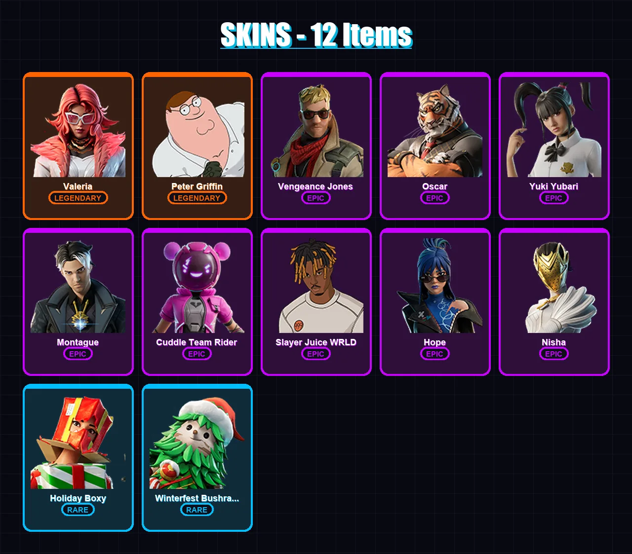 [PC/XBOX/PSN] | Valeria | Peter Griffin | Vengeance Jones | Oscar | Yuki Yubari | 12 skin | 34 pickaxe | 23 emote | 24 glider | Lv287