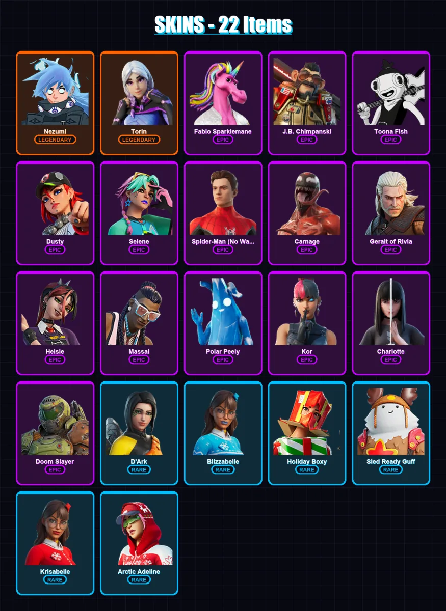 [PC/XBOX/PSN] | Nezumi | Torin | Fabio Sparklemane | J.B. Chimpanski | Toona Fish | 22 skin | 33 pickaxe | 25 emote | 33 glider | Lv439