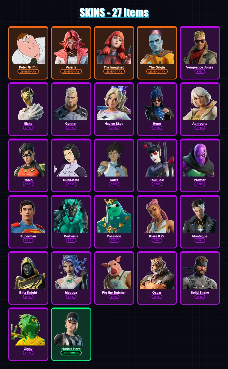 [PC/XBOX/PSN] | Peter Griffin | Valeria | The Imagined | The Origin | Vengeance Jones | 27 skin | 66 pickaxe | 45 emote | 60 glider | Lv882 — Fortnite account