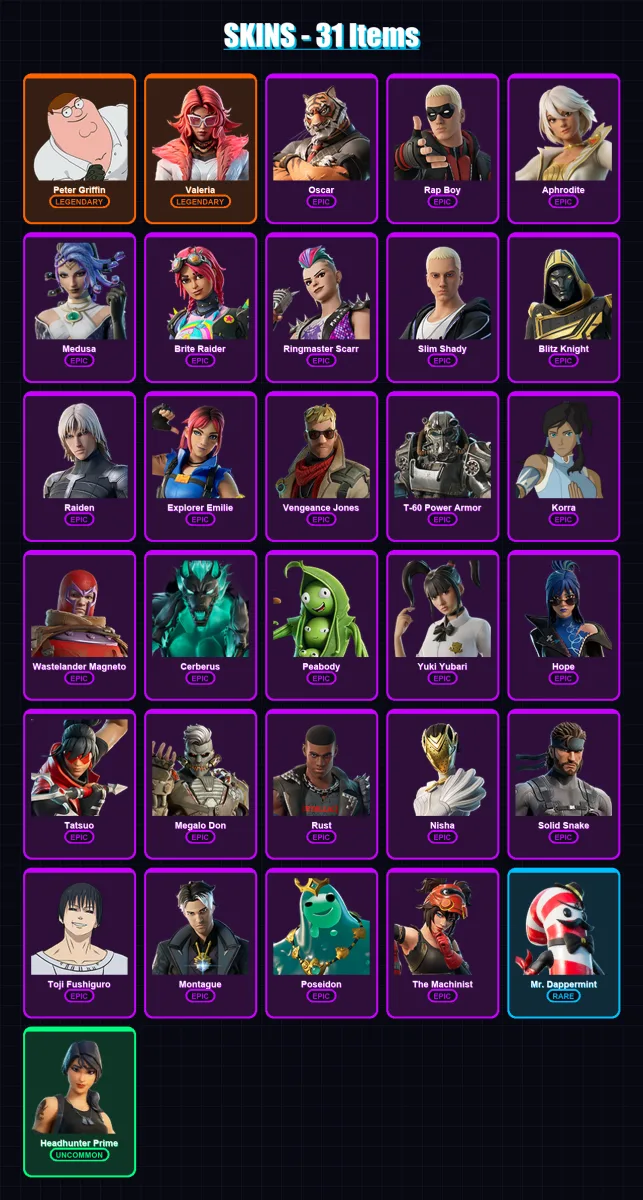 [PC/XBOX/PSN] | Peter Griffin | Valeria | Oscar | Rap Boy | Aphrodite | 31 skin | 63 pickaxe | 51 emote | 48 glider | Lv567