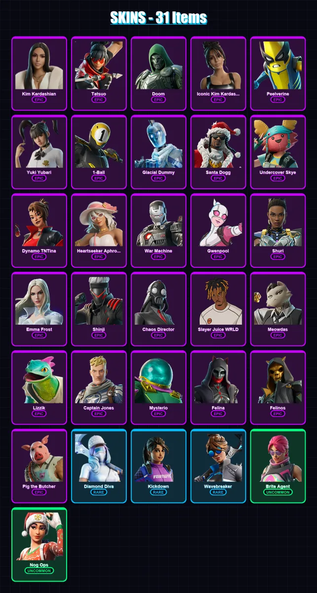 [PS4/PS5/XBOX/PC] | Kim Kardashian | Tatsuo | Doom | Iconic Kim Kardashian | Peelverine | 31 skin | 90 pickaxe | 44 emote | 54 glider | Lv1145
