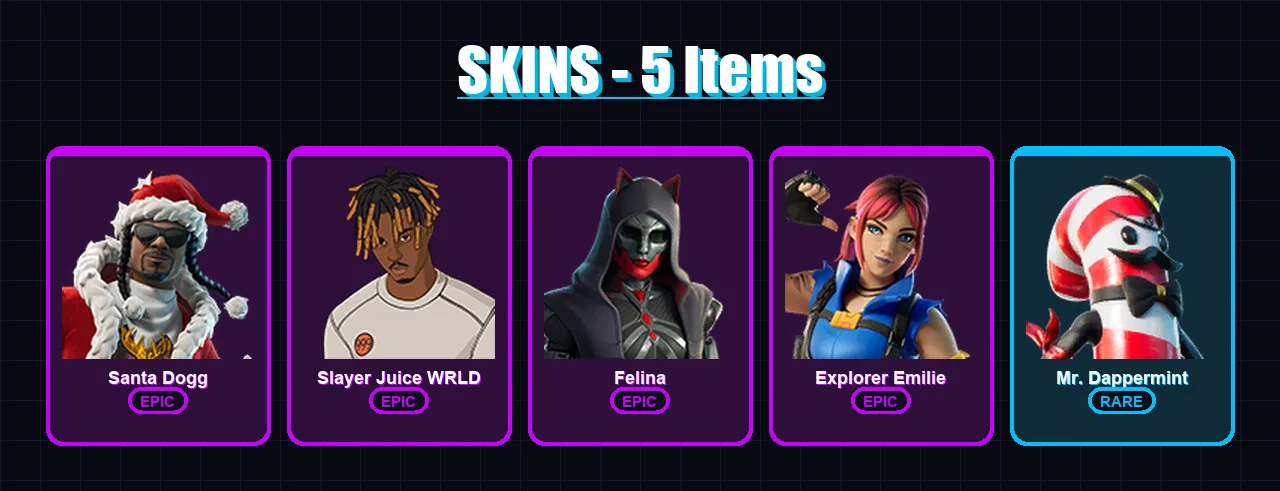 [SWITCH/XBOX/PC] | Santa Dogg | Slayer Juice WRLD | Felina | Explorer Emilie | Mr. Dappermint | 5 skin | 33 pickaxe | 13 emote | 20 glider | Lv370