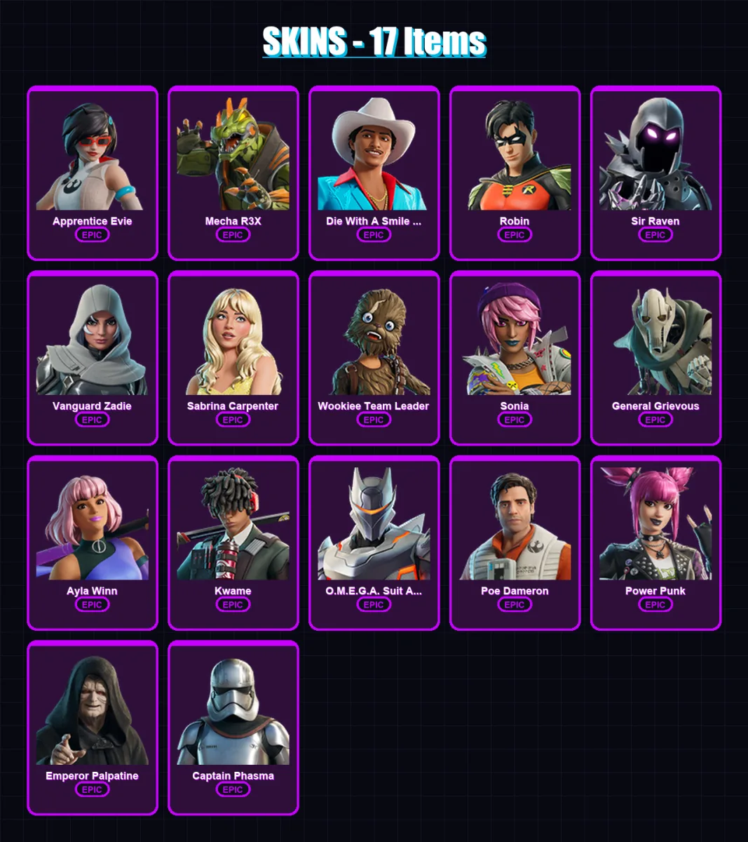 [PC/XBOX/PSN] | Apprentice Evie | Mecha R3X | Die With A Smile Bruno | Robin | Sir Raven | 17 skin | 20 pickaxe | 14 emote | 11 glider | Lv69