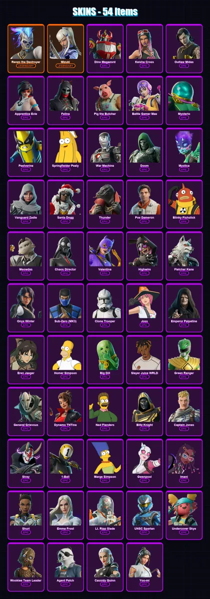[PS4/PS5/XBOX/PC] | Renzo the Destroyer | Mizuki | Dino Megazord | Keisha Cross | Outlaw Midas | 54 skin | 95 pickaxe | 67 emote | 64 glider | Lv886