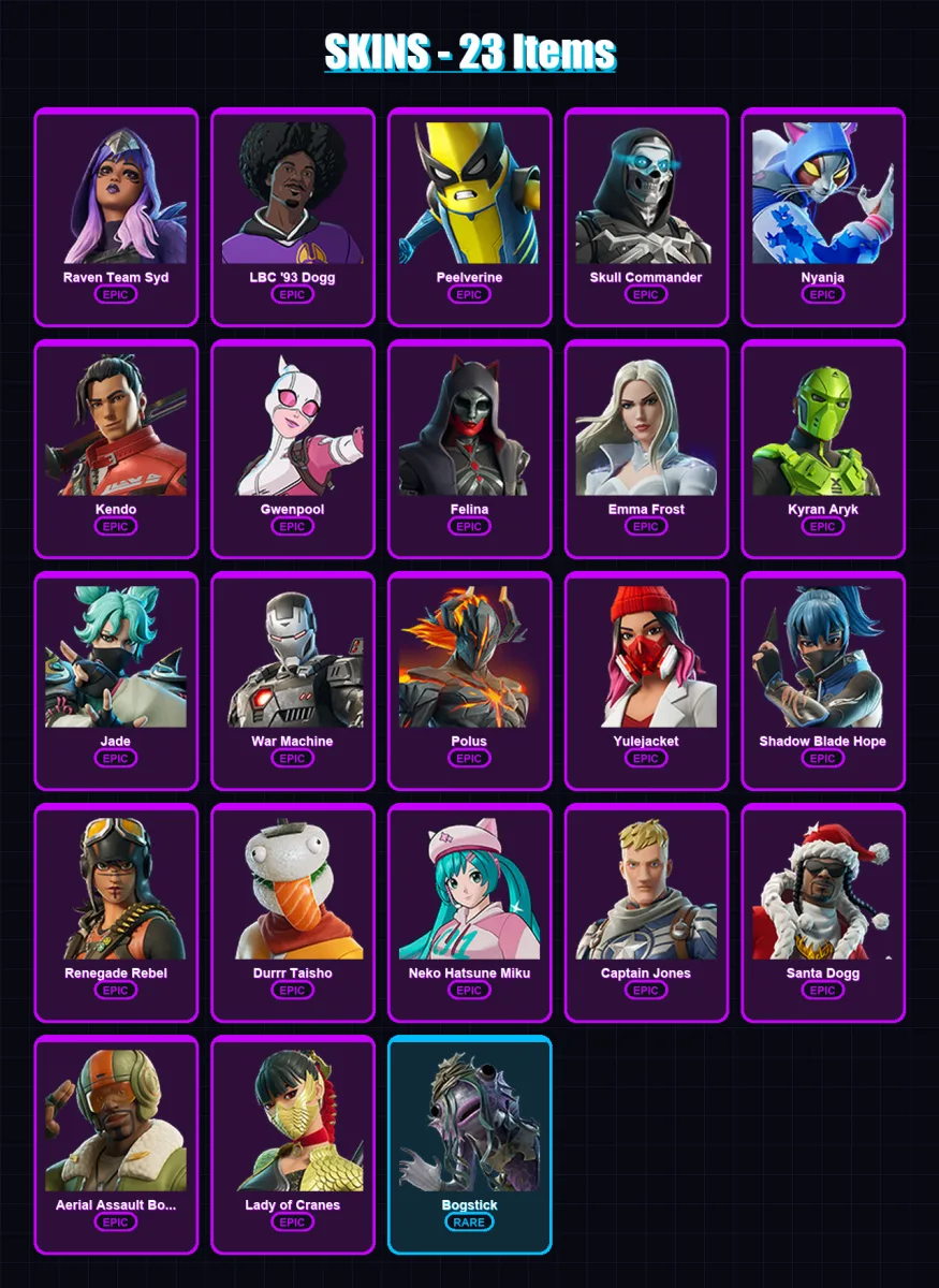 [PC/XBOX/PSN] | Raven Team Syd | LBC '93 Dogg | Peelverine | Skull Commander | Nyanja | 23 skin | 39 pickaxe | 25 emote | 21 glider | Lv191