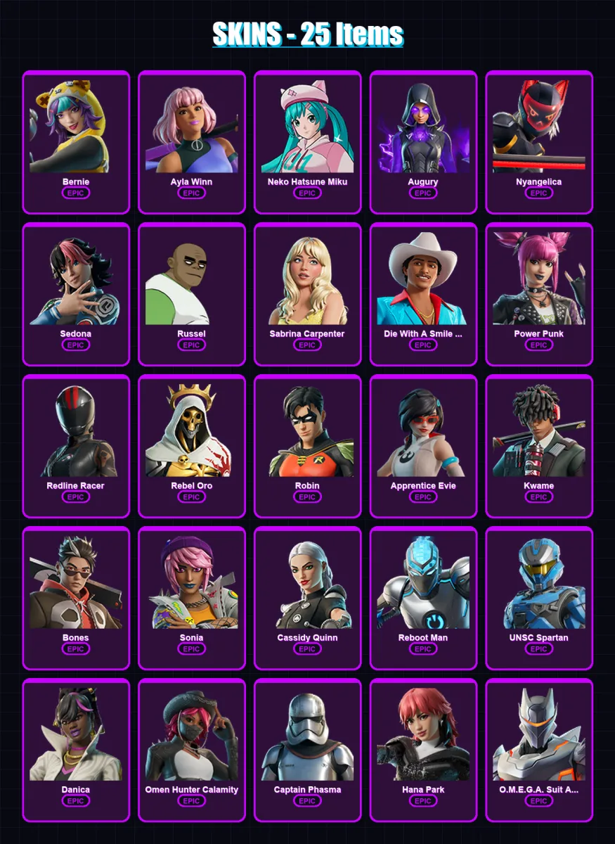 [PC/PSN] | Bernie | Ayla Winn | Neko Hatsune Miku | Augury | Nyangelica | 25 skin | 13 pickaxe | 2 emote | 2 glider | Lv8