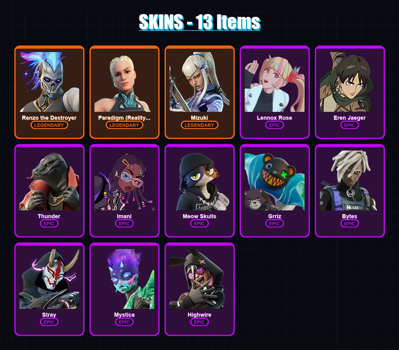 [PC/PSN] | Renzo the Destroyer | Paradigm (Reality-659) | Mizuki | Lennox Rose | Eren Jaeger | 13 skin | 24 pickaxe | 23 emote | 23 glider | Lv398