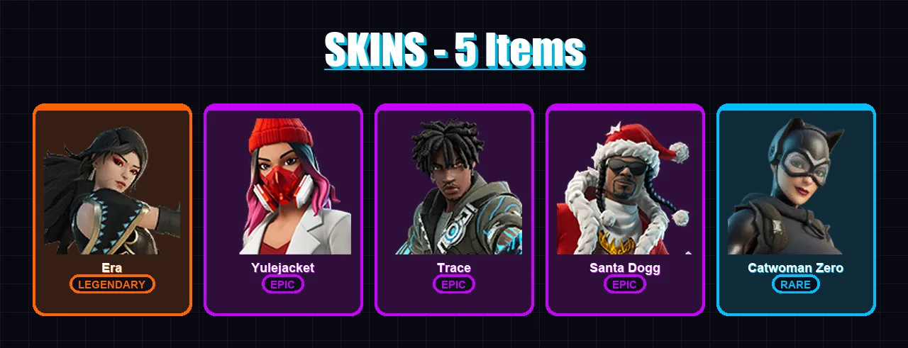 [PC/XBOX] | Era | Yulejacket | Trace | Santa Dogg | Catwoman Zero | 5 skin | 9 pickaxe | 7 emote | 6 glider | Lv52