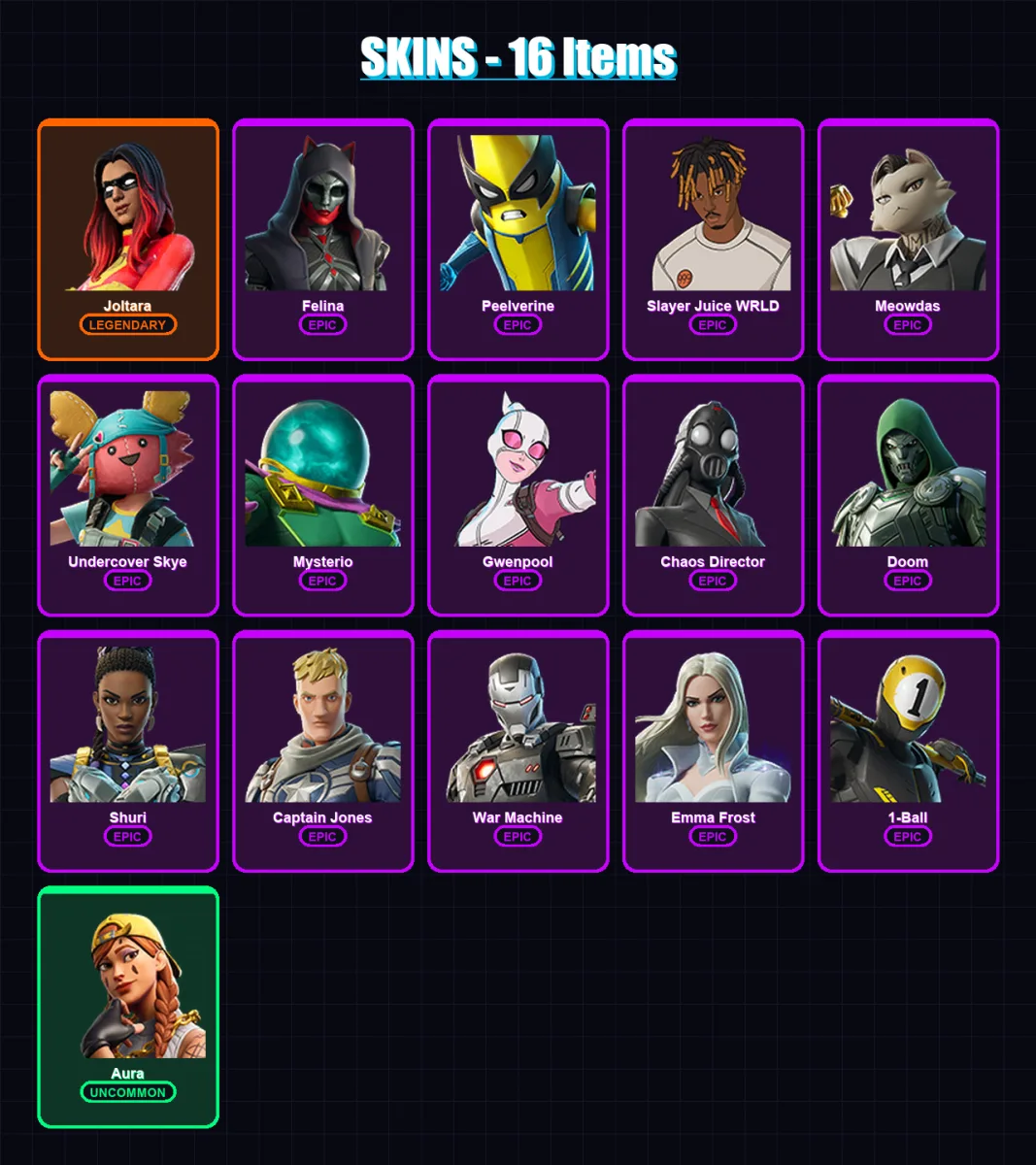 [PC/XBOX/PSN] | Joltara | Felina | Peelverine | Slayer Juice WRLD | Meowdas | 16 skin | 48 pickaxe | 24 emote | 33 glider | Lv384
