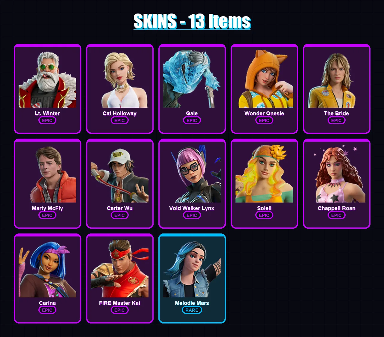 [PC/PSN] | Lt. Winter | Cat Holloway | Gale | Wonder Onesie | The Bride | 13 skin | 16 pickaxe | 12 emote | 8 glider | Lv54