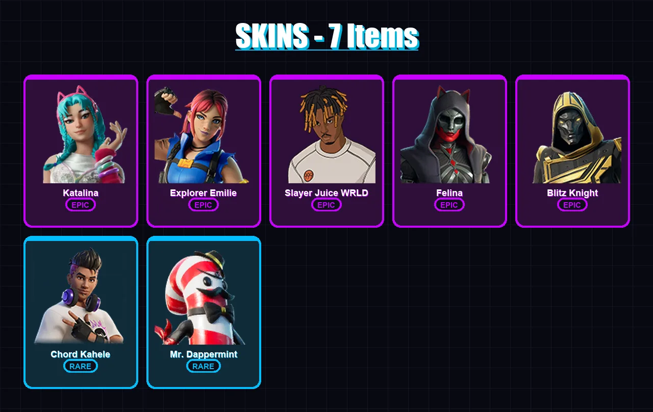 [PC/XBOX/PSN] | Katalina | Explorer Emilie | Slayer Juice WRLD | Felina | Blitz Knight | 7 skin | 38 pickaxe | 16 emote | 22 glider | Lv355