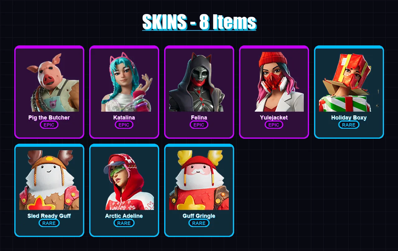 [PC/XBOX/PSN] | Pig the Butcher | Katalina | Felina | Yulejacket | Holiday Boxy | 8 skin | 34 pickaxe | 20 emote | 26 glider | Lv467