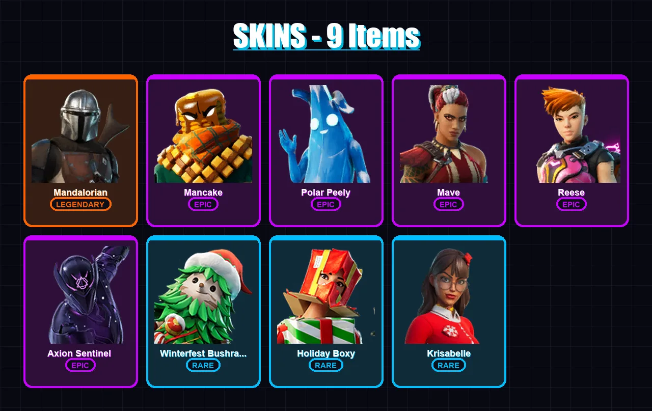 [SWITCH/XBOX/PSN/PC] | Mandalorian | Mancake | Polar Peely | Mave | Reese | 9 skin | 12 pickaxe | 12 emote | 16 glider | Lv168