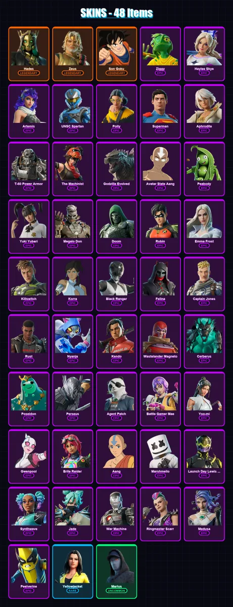 [PC/XBOX/PSN] | Hades | Zeus | Son Goku | Ziggy | Haylee Skye | 48 skin | 78 pickaxe | 68 emote | 55 glider | Lv696 — Fortnite account