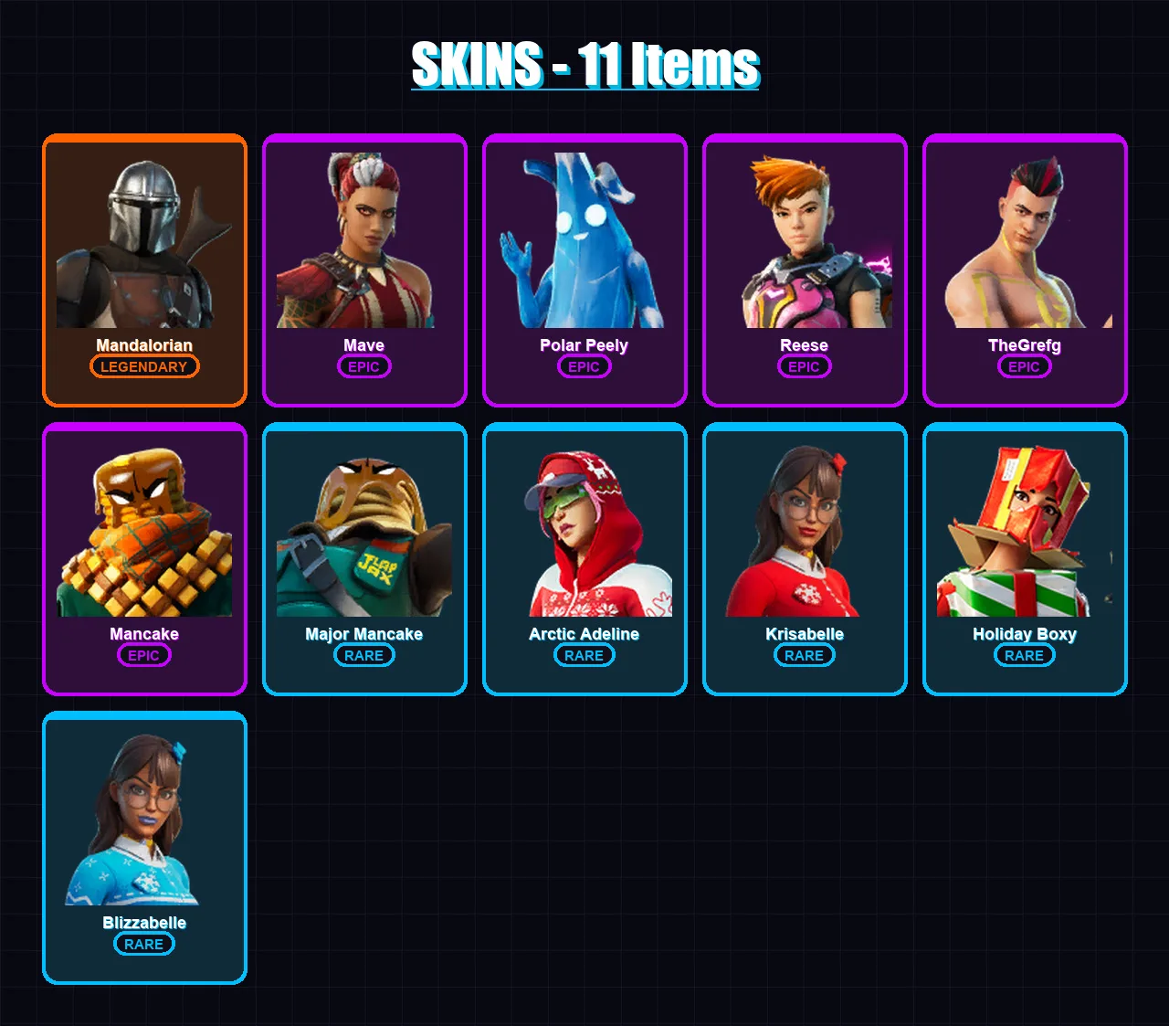 [PC/XBOX/PSN] | Mandalorian | Mave | Polar Peely | Reese | TheGrefg | 11 skin | 25 pickaxe | 20 emote | 28 glider | Lv361