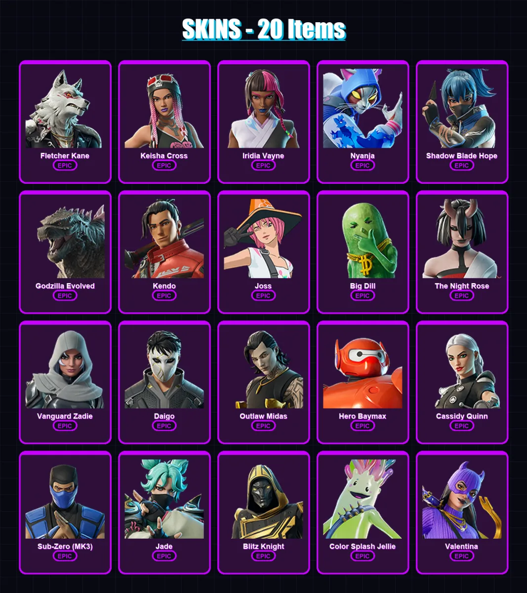 [PC/XBOX/PSN] | Fletcher Kane | Keisha Cross | Iridia Vayne | Nyanja | Shadow Blade Hope | 20 skin | 54 pickaxe | 29 emote | 39 glider | Lv512