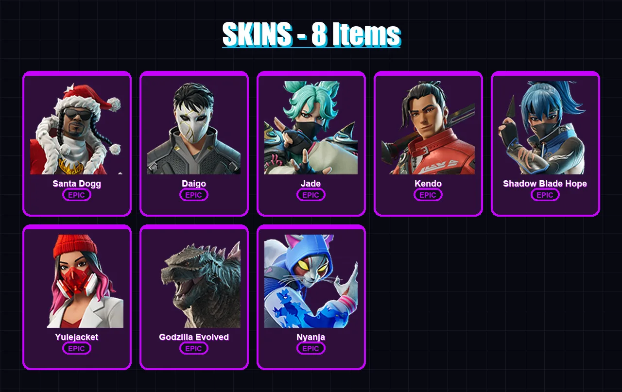 [PS4/PS5/XBOX/PC] | Santa Dogg | Daigo | Jade | Kendo | Shadow Blade Hope | 8 skin | 17 pickaxe | 16 emote | 12 glider | Lv113