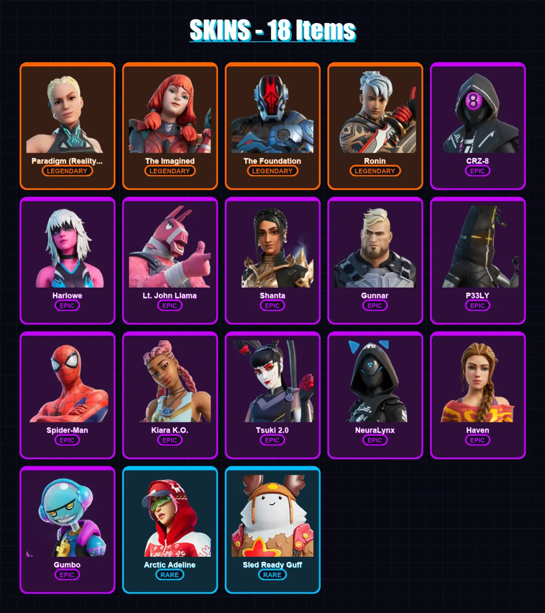 [PC/XBOX] | Paradigm (Reality-659) | The Imagined | The Foundation | Ronin | CRZ-8 | 18 skin | 21 pickaxe | 15 emote | 19 glider | Lv250
