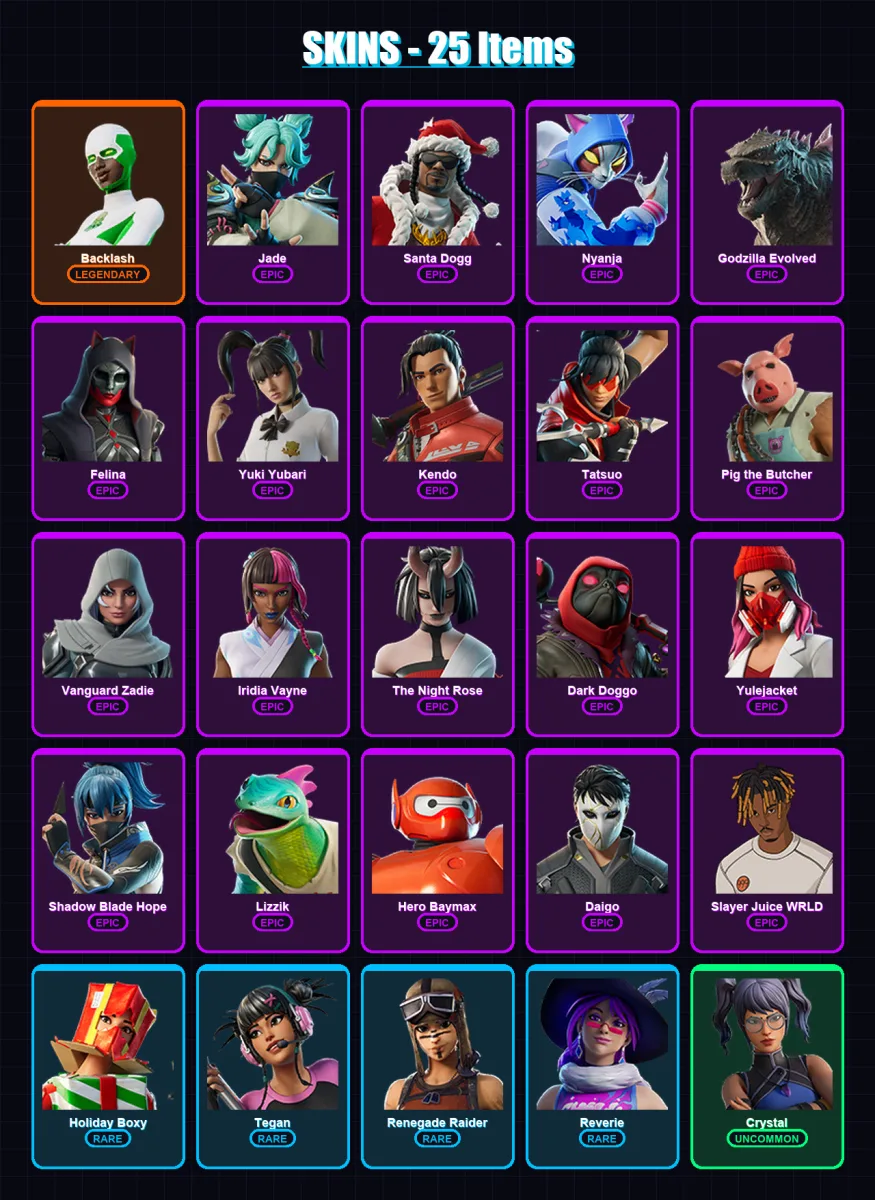 [PS4/PS5/XBOX/PC] | Backlash | Jade | Santa Dogg | Nyanja | Godzilla Evolved | 25 skin | 86 pickaxe | 44 emote | 55 glider | Lv1018 — Fortnite account