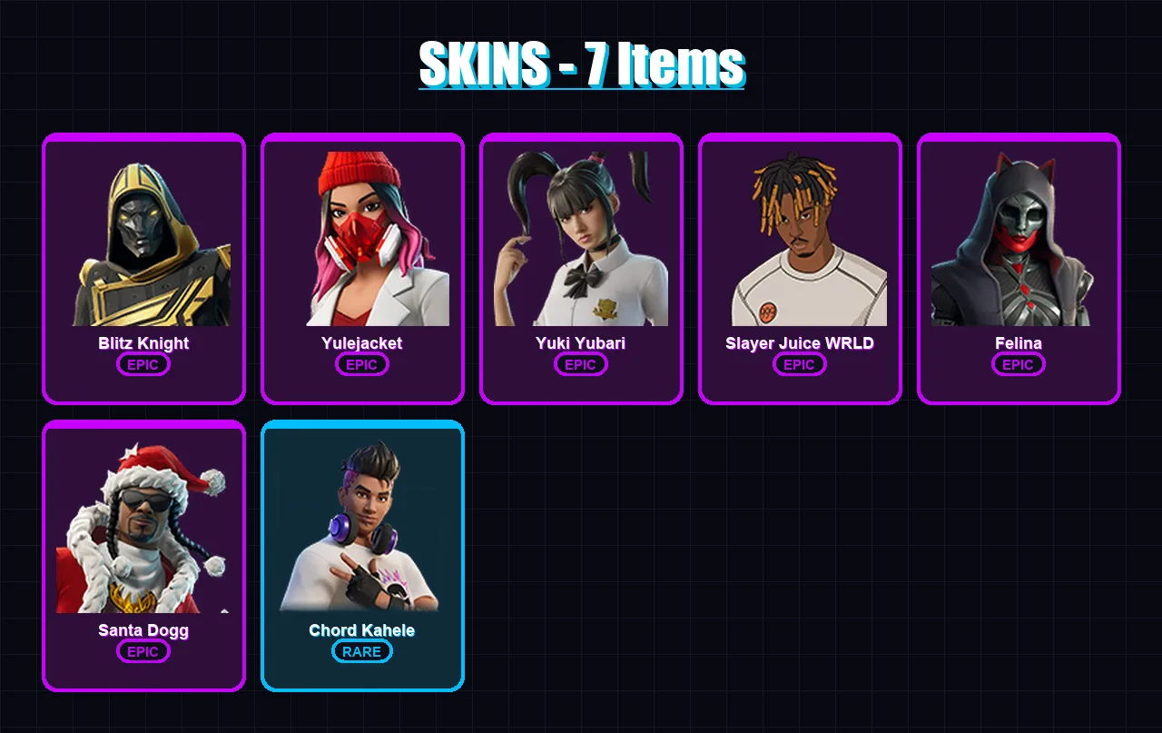[PC/XBOX/PSN] | Blitz Knight | Yulejacket | Yuki Yubari | Slayer Juice WRLD | Felina | 7 skin | 49 pickaxe | 17 emote | 26 glider | Lv504