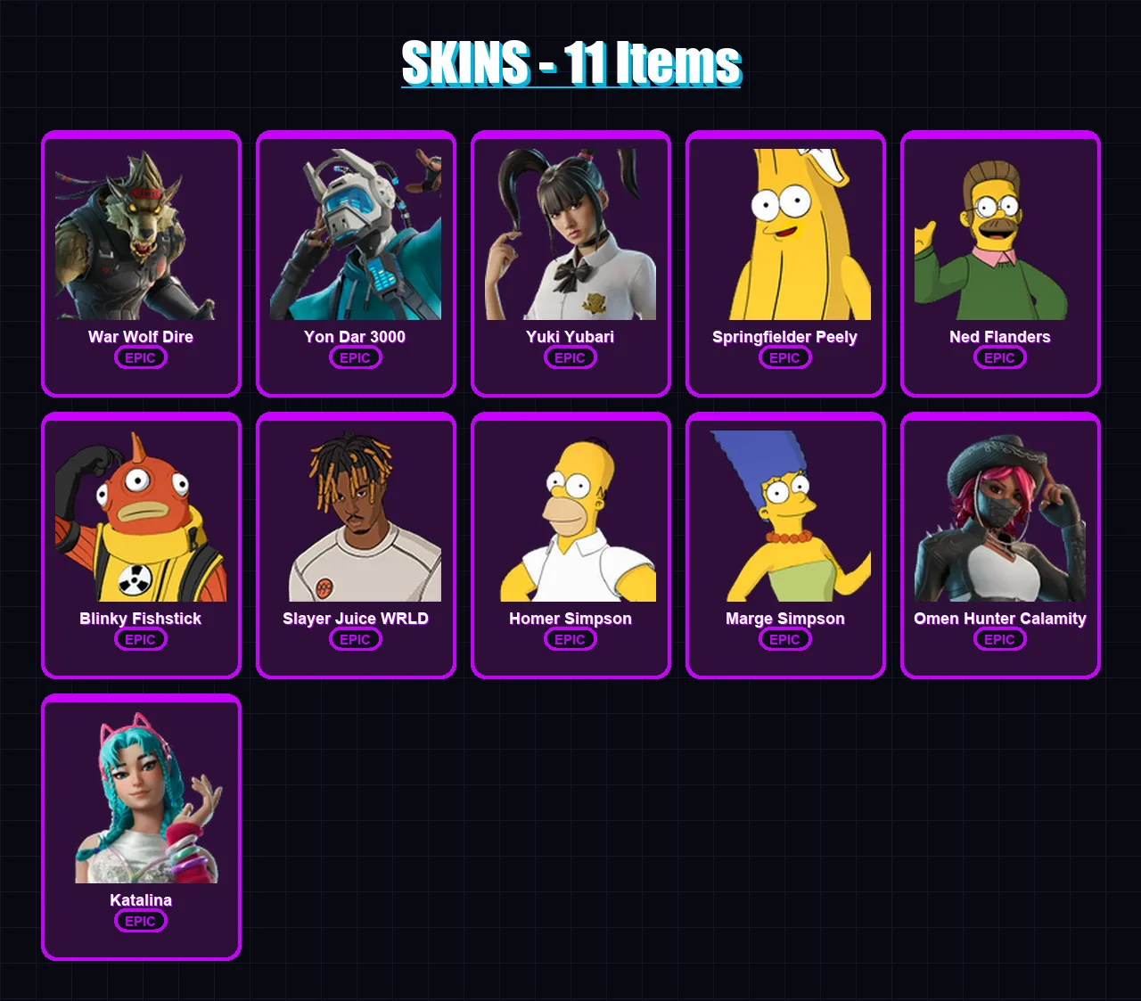 [PC/XBOX/PSN] | War Wolf Dire | Yon Dar 3000 | Yuki Yubari | Springfielder Peely | Ned Flanders | 11 skin | 23 pickaxe | 12 emote | 13 glider | Lv15 — Fortnite account
