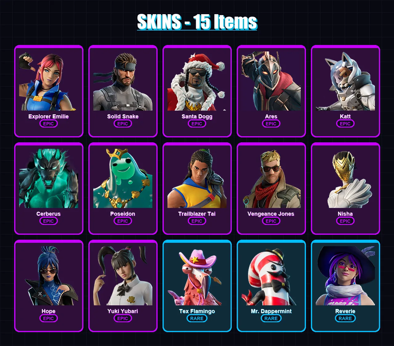 [PC/XBOX/PSN] | Explorer Emilie | Solid Snake | Santa Dogg | Ares | Katt | 15 skin | 26 pickaxe | 16 emote | 17 glider | Lv201