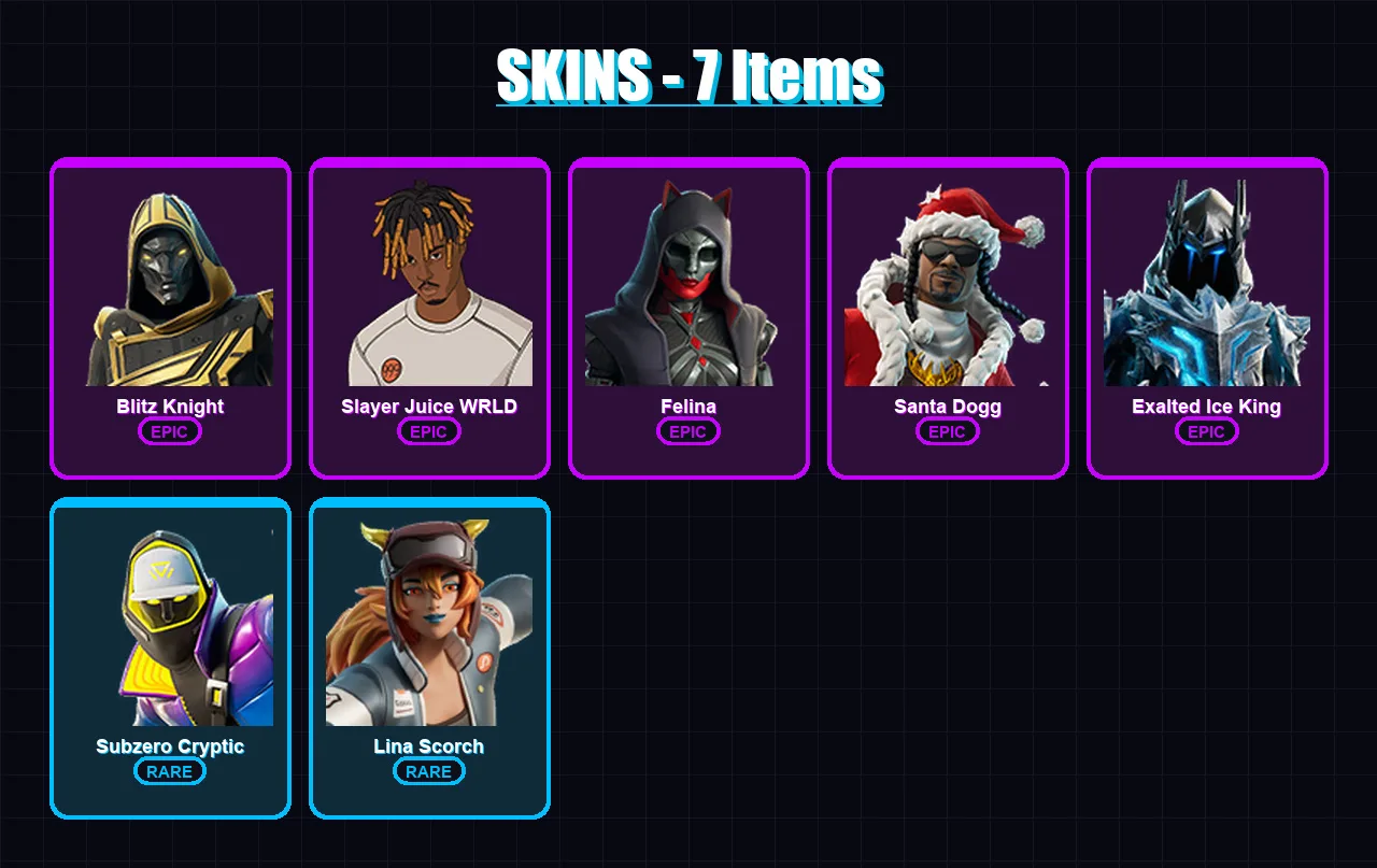 [PC] | Blitz Knight | Slayer Juice WRLD | Felina | Santa Dogg | Exalted Ice King | 7 skin | 44 pickaxe | 15 emote | 36 glider | Lv387