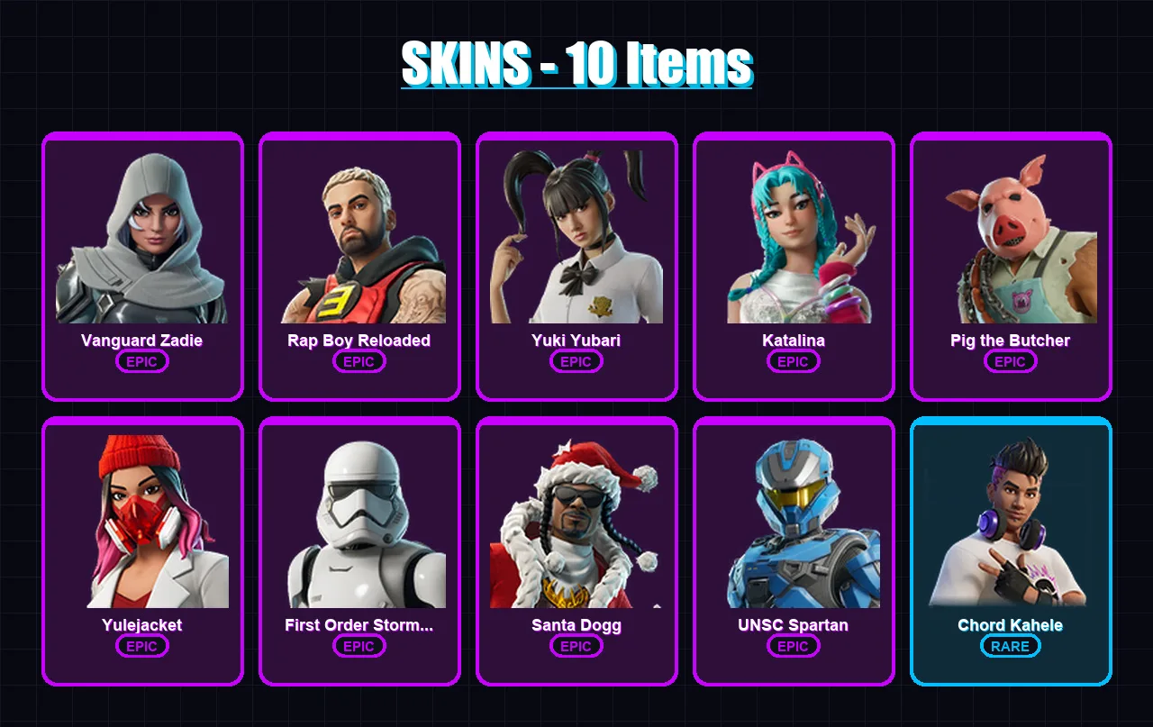 [PC/XBOX/PSN] | Vanguard Zadie | Rap Boy Reloaded | Yuki Yubari | Katalina | Pig the Butcher | 10 skin | 40 pickaxe | 14 emote | 24 glider | Lv283