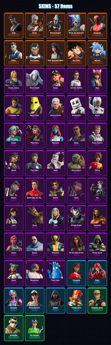 [PC/XBOX] | Fade | Ronin | Eternal Knight | Renzo the Destroyer | Deadpool | 57 skin | 65 pickaxe | 60 emote | 60 glider | Lv857