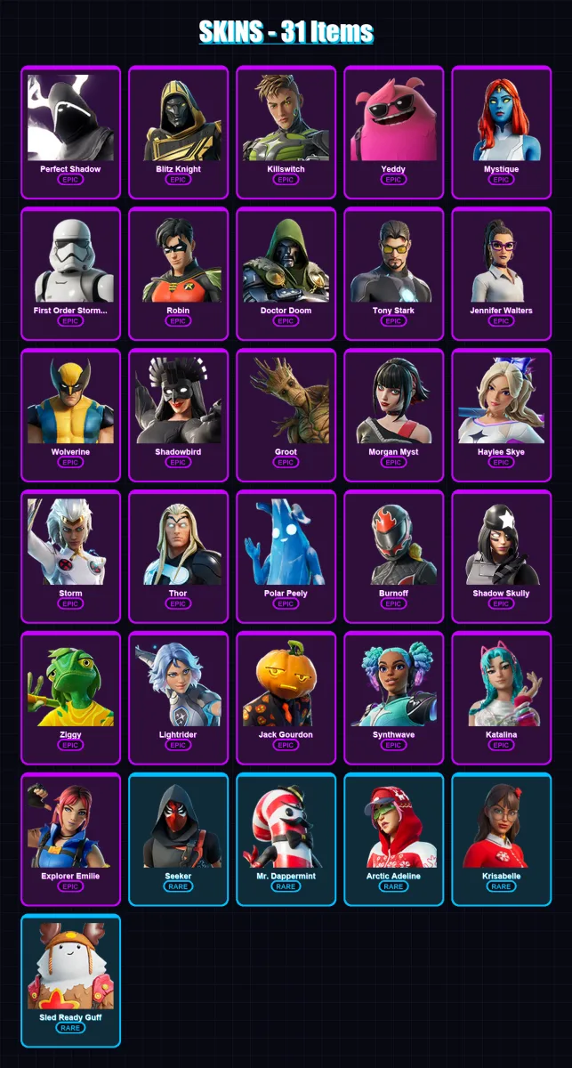 [PC/PSN] | Perfect Shadow | Blitz Knight | Killswitch | Yeddy | Mystique | 31 skin | 52 pickaxe | 45 emote | 48 glider | Lv909