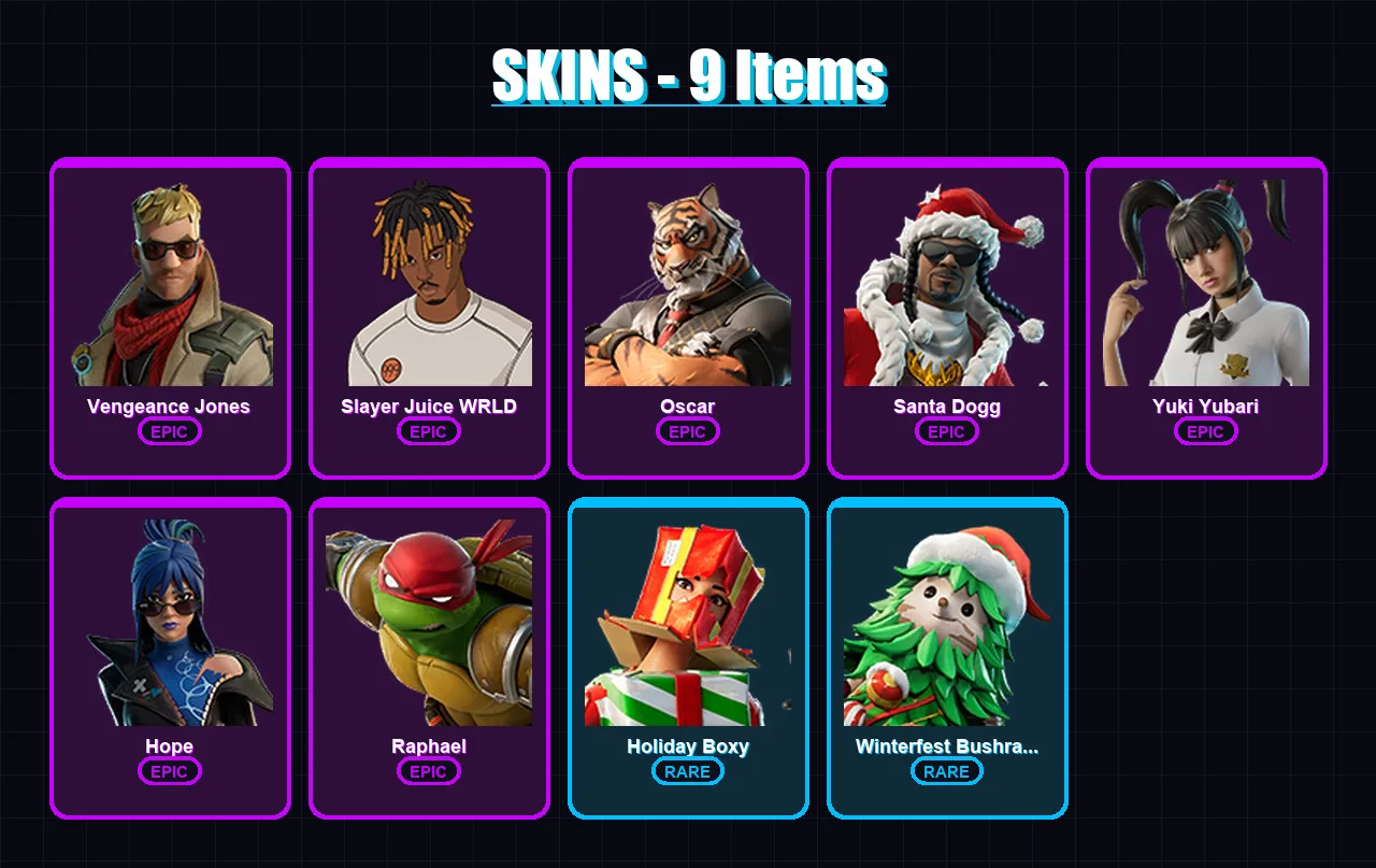 [PC/XBOX/PSN] | Vengeance Jones | Slayer Juice WRLD | Oscar | Santa Dogg | Yuki Yubari | 9 skin | 11 pickaxe | 6 emote | 11 glider | Lv99
