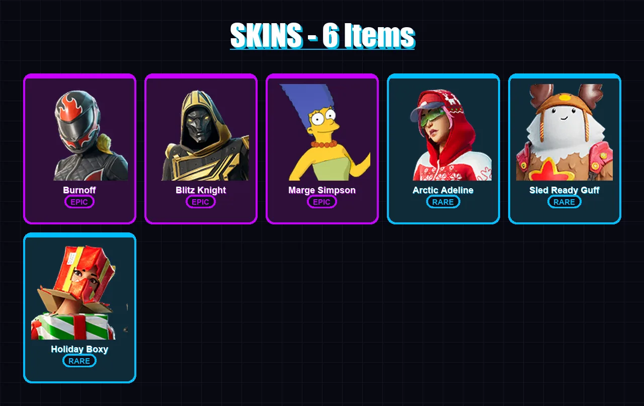 [PC/PSN] | Burnoff | Blitz Knight | Marge Simpson | Arctic Adeline | Sled Ready Guff | 6 skin | 18 pickaxe | 8 emote | 18 glider | Lv123