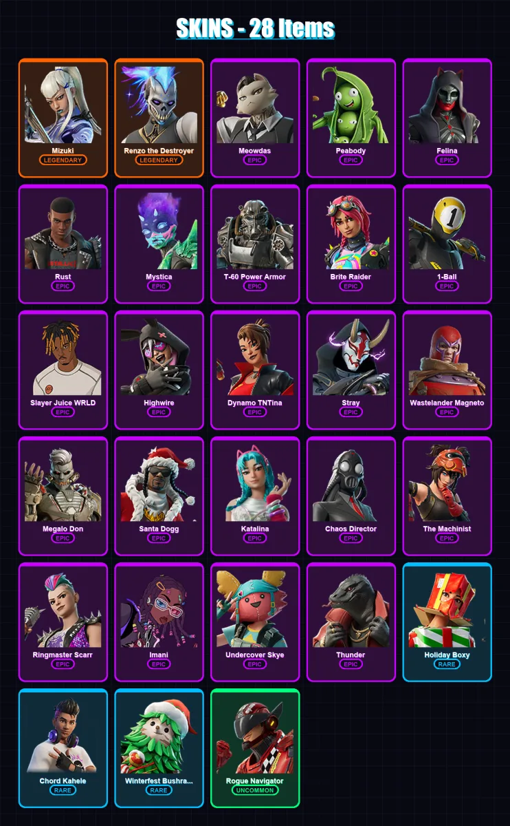 [PC/XBOX/PSN] | Mizuki | Renzo the Destroyer | Meowdas | Peabody | Felina | 28 skin | 64 pickaxe | 30 emote | 54 glider | Lv682