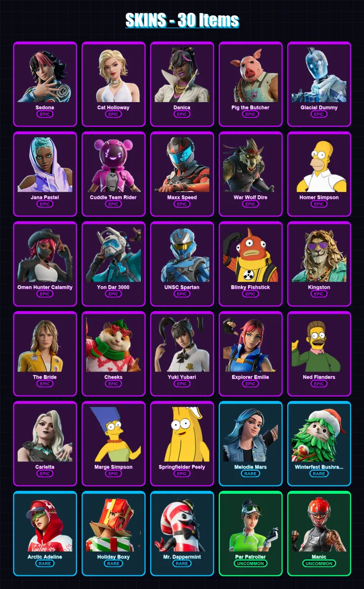 [PC/PSN] | Sedona | Cat Holloway | Danica | Pig the Butcher | Glacial Dummy | 30 skin | 71 pickaxe | 54 emote | 45 glider | Lv1111